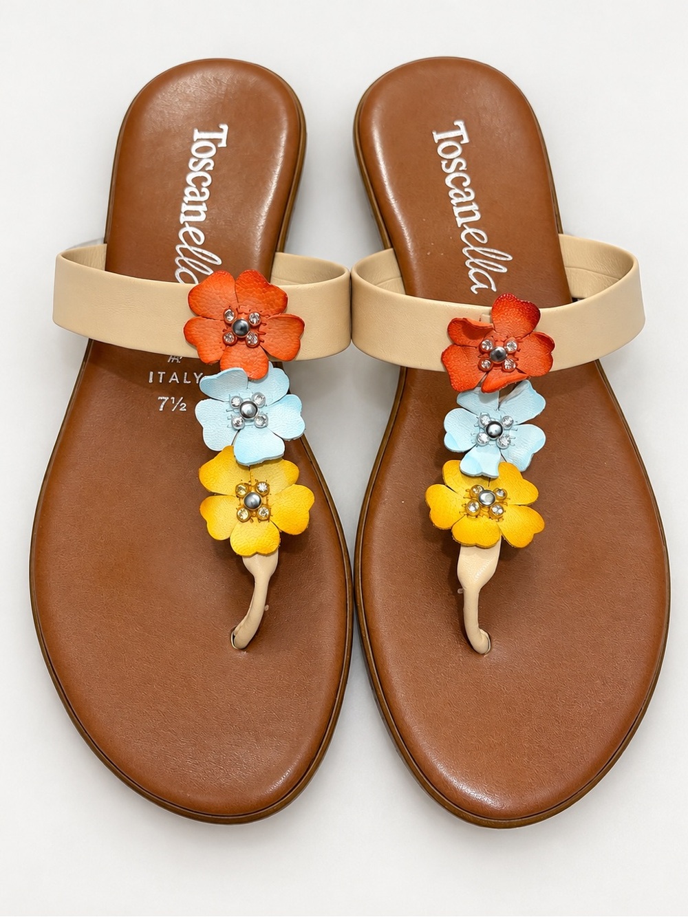 Toscanella Beige Floral Toe-Post Sandals with Orange, Blue & Yellow Accents